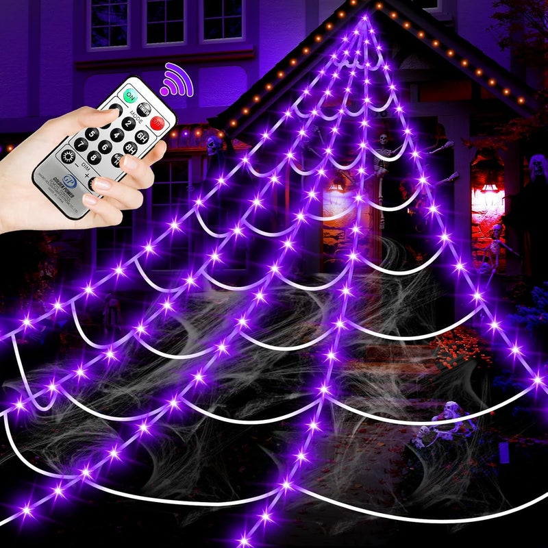 partyMoonet Halloween Decorations Outdoor Spider Web Lights,16.4Ft 220 LED Lighted Spider Web Light up with 8 Modes Waterproof Timer for Yard House Halloween Outdoor Decor Purple Spiderweb - Image 1